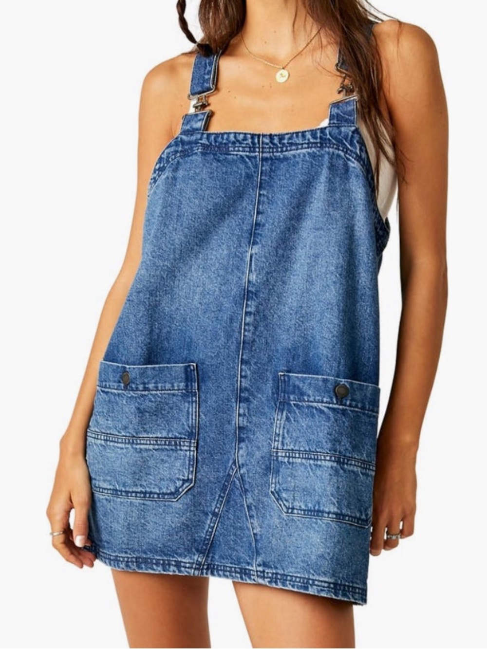 Free People We The Free Overall Smock Mini Top: Denim Overall Mini Dress - blue